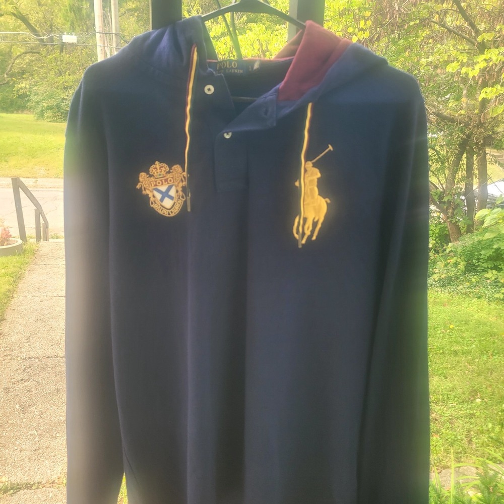 Polo Ralph Lauren Mens Navy Blue Big Pony Crest Hooded Polo Shirt Large L-Sleeve